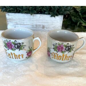 Beautiful vintage Shabby Chic Mother and Father China Mugs; Pink Roses